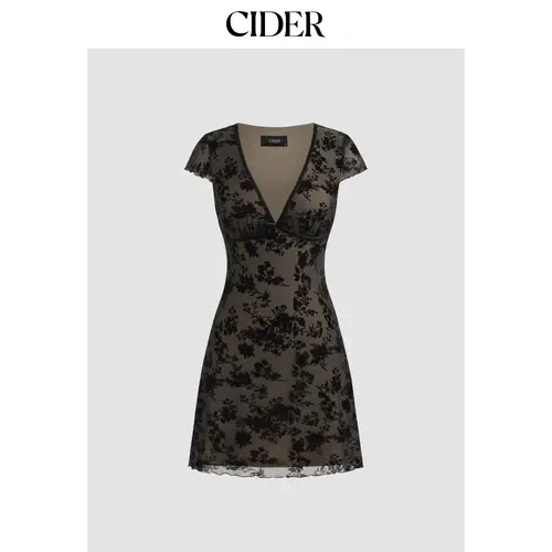 Cider Mesh V-neck Floral Bow Mini Dress