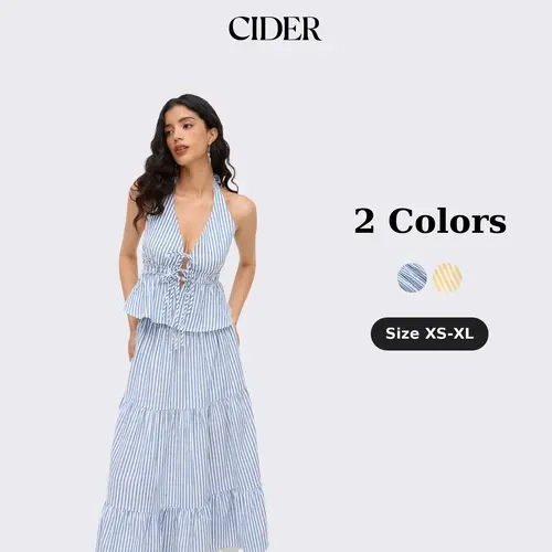 Cider Cotton-blend Halter Neckline Stripe Tie Front Shirred Top & Mid Rise Elastic Waist Ruffle Maxi Skirt Set