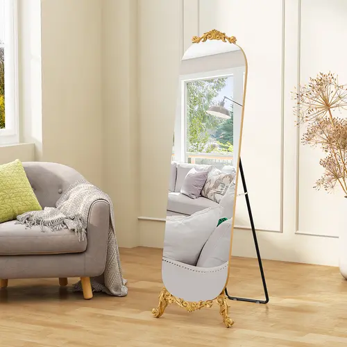 HLR Vintage Luxury Antique Gold Floor Mirror - Carved Iron Detail, HD Silver Anti-Sputtering Glass, Sturdy Triangular Alloy Frame, Easy-Clean Home Decor, 20 in Width, Full Length, Frame Mount for Living Room, Bedroom Decor