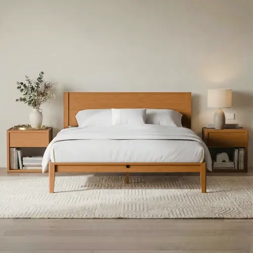RECCI Bamboo Wooden Bed Frame - Mid-Century Style with Tall Modern Wooden Headboard, Heavy-Duty Slat Support, Pre-Assembled Natural Headboard, Wobble-Free Base, Mattress Stays Put, No Mattress Included, California King Bed