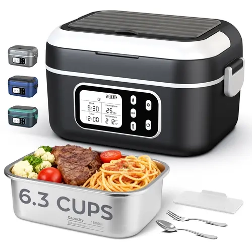 Cordless Heated Lunch Box, 1.5L (6.3Cups) Leakproof Insulated Lunchbox Cooler, 27000mAh Battery-Powered Food Warmer, Stainless Steel Container, Digital Display & Timer, Multi-Color, BPA-Free Non-Toxic On-the-Go Lunch Boxes for Office/Car,summer