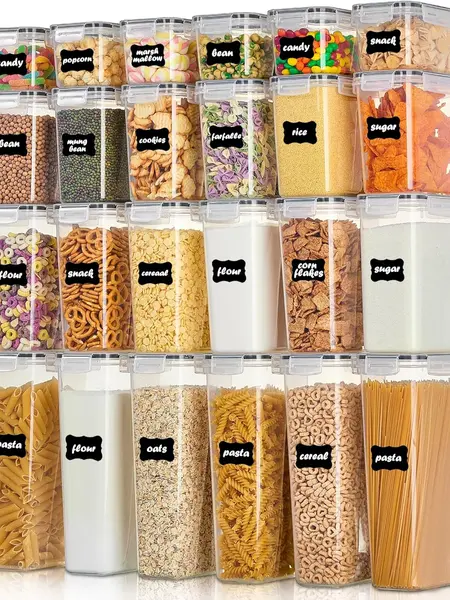 AISOON Airtight Food Storage Containers Set (8/32 PCS) with Lids, BPA-Free Food-Grade Re-Sealable Leak-Proof Plastic Canisters for Kitchen Pantry Organization, Cereal Flour & Sugar - Labels & Marker, Airtight Food Containers, Food-Grade Food Containers