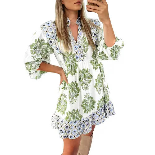 Asvivid Women's Mini Dress, Lightweight Bohemian Floral Print Summer Casual Wear with Chic Ruffle Detail and Contrast Patchwork