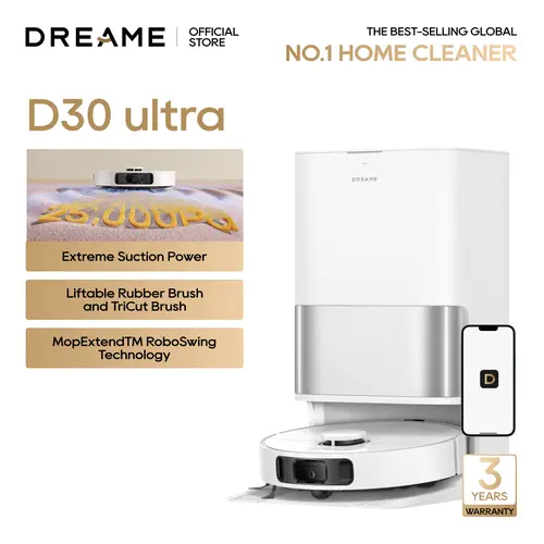 DREAME D30 Ultra Elite Robot Vacuum and Mop, 25,000Pa Powerful Suction, All-in-One Base Station with 100 Days Auto-Empty, MopExtend Tech for Edge Cleaning, Smart Obstacle Avoidance, White