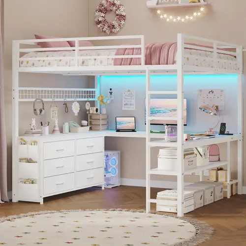 Sikaic Full Size Loft Bed with U-Shaped Desk, 6 Storage Drawers, LED Lights & Charging Station, Metal Loft Bed Frame with 2 Storage Shelves, Safety Guardrails and Ladders, Space-Saving Bed for Teens, White, Home Furniture Christmas Gif [TiktokShopFallDeal