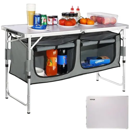 VEVOR Iron Camping Kitchen Table, Quick-Setup Folding Design with 3 Adjustable Heights, Powder-Coated Tubes, 2.8" Slim Profile, MDF Top for Prep, Sturdy Base, Ideal for Outdoor Patio, Picnic Date, Garden Party#SohoChic