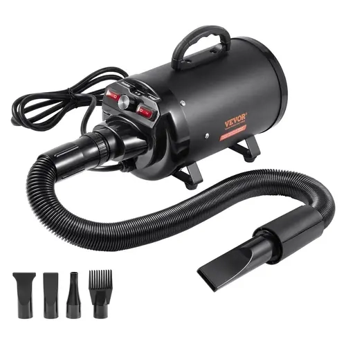 VEVOR Dog Blow Dryer, 2000W/2.7HP Pet Grooming Hair Dryer with Gentle or Strong Adjustable Speed, Temperature Control, 4 Nozzles, Extendable Easy-to-Connect Hose, Metal Housing, Heat Protection, Auto Shut-Off, Quick Drying, Black, Handle#SohoChic