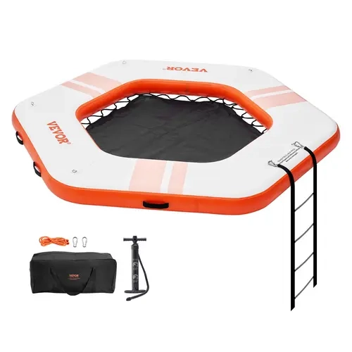 VEVOR Inflatable Floating Dock, 8.5ft Wide Platform with 5ft Diameter Trampoline Mesh Pool, 2700g Lightweight Non-Slip Water Mat, Detachable Ladder, Dual Pump Gauge Dual-Action Hand Pump, Fold & Bag Carry, for Water Fun#SohoChic
