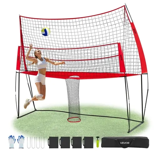 VEVOR 2-in-1 Functional Volleyball Rebounder Net System, Steel Frame Sturdy Standalone with Smart Ball Return, Gravity Funnel Anti-Jam, Height-Adjustable, Windready Setup, All-Terrain Portable Station for Adults Backyard/Beach/Gym Practice