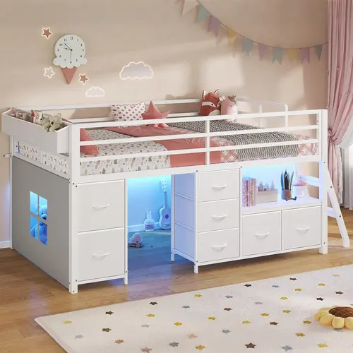 Sikaic Twin Low Loft Bed with 7 Storage Drawers, Bookcase & LED Lights, Metal Loft Bed with 14" High Safety Guardrail, Inclined Ladder and Play Curtain, Twin Bed Frame with Under-Bed Play Area, White, Home Furniture Christmas Gifts [TiktokShopFallDealsFor