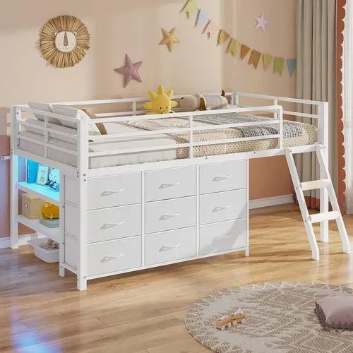 Sikaic Twin Loft Bed, Low Loft Bed Twin Size with 9 Drawers Storage Dresser, LED Lights, 2 Storage Shelves & Stairs, Metal Bed Frame with Safety Guardrail, Space-Saving Design, White, Home Furniture Christmas Gifts cozy home familyfun [TikTokShopblackfrid