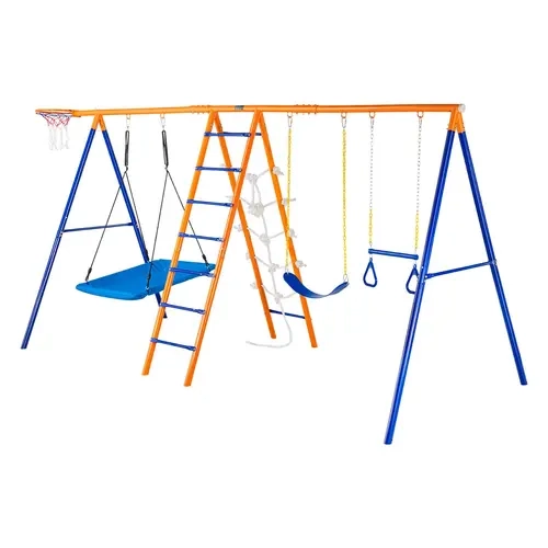 VEVOR Heavy-Duty Steel Tubes Solid Playground Equipment, 6-in-1 Durable Backyard Outdoor Playset with 2 Swings, Trapeze Bar, Ladder Climb Route, Climbing Net, Basketball Hoop, 440lbs Load Capacity, Soft Rubber Grips, for Kids Ages 3+