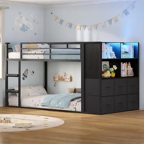 Sikaic Twin Over Twin Bunk Bed with Storage Drawers & Open Storage Shleves with LED Lights, Metal Black Low Bunk Bed Safety Ladder and 13.4" H Guardrail, Space Saving Bedroom Design Kids Bed