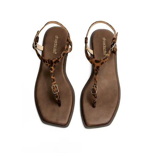 JUST FAB Women's Cheetah Print Thong Flat Buckle Sandals - Footwear for Women, Square Toe, Soft PU Footbed, Slip Resistant TPR Sole, Quick Buckle Adjust, Walking Shoes, Flat Baseplate Design, Summer Casual & Beach Outfits Use