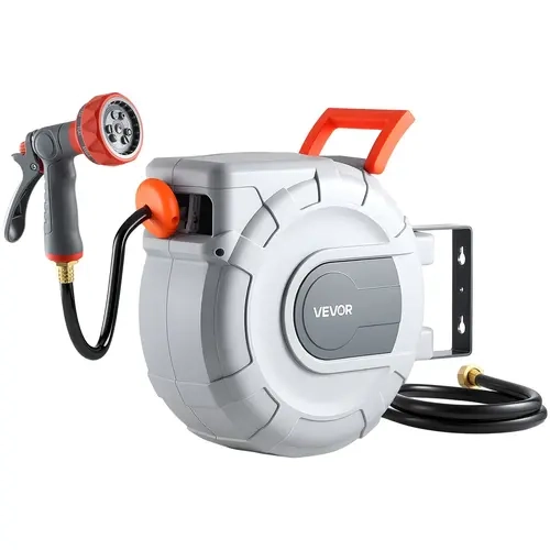VEVOR Wall Mount Retractable Garden Hose Reel, 1/2 in x 50ft 3-Layer PVC Hose, Freeze-Resistant PP Housing, 200 PSI Tested, 9-Function Sprayer Nozzle, 180° Swivel Bracket, Any Length Lock, Automatic Slow Rewind, for Outdoor Garden Watering