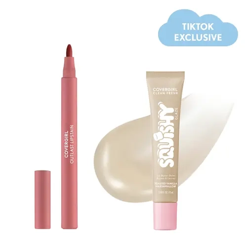 COVERGIRL Lip Stain & Tinted Lip Butter Balm Duo Cosmetic - Outlast Transfer-Proof Lipstain, Clean Fresh Squishy Glaze, Lightweight, Hyaluronic Acid-Infused, Honey, Peach, Raspberry, Vanilla Makeup