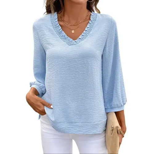 Shewin Women's Minimalist Fitted V-Neck Long Sleeve Blouse - 100% Polyester Basic Women's Tops, Lightweight Breathable No Fuss Slip-On Pullover, Collarless Durable Easy Maintenance Casual Wardrobe Staples for Daily Wear, Black