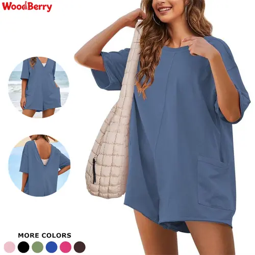 Woodberry Women's Cotton Maternity Oversized Romper - Crew Neck, 5% Spandex Stretch, Pocket Romper Overalls, Cozy Wearing Experience, Above Knee Sporty Chic Jumpsuit, Maternity Activewear for Gym, Summer Workout, Size M