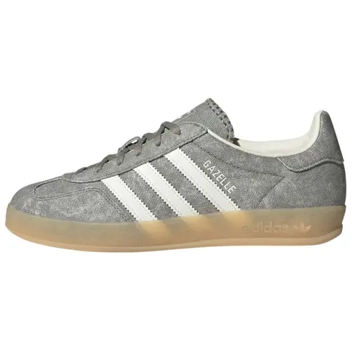 Women's Adidas Gazelle Classic Indoor Sneakers - Silver Pebble Canvas, Round Toe, Laced, Striped, All-Season Athletic Sports Footwear, Shoe