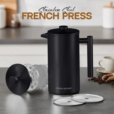 Utopia Kitchen 304 Grade Stainless Steel French Press Coffee Maker 34 Oz, Double Wall Insulated Coffee Press with 4-Level Filtration System, Include 2 Extra Filters, Rust-Free, Dishwasher Safe, Silver & Black