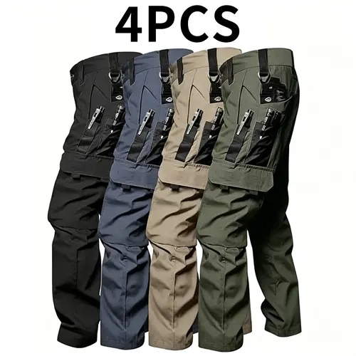 HOMUG Men's 4-Pack Ripstop Polyester Tactical Cargo Pockets Pants - Lightweight Rugged Outdoor Athletic Menswear, Summer Utility Bottoms for Camping, Construction Gifts