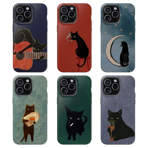 Vintage Black Cat Multi-Model Smartphone Case - Slim Fit, Shock-Absorbent, Easy-Clean TPU & Polycarbonate Casing, Durable, Wireless-Friendly, Full Wrap, Removable Padding for iPhone 11-18 Pro Max X XS 17, Galaxy S22-S26 Ultra, Cat Lover Gift