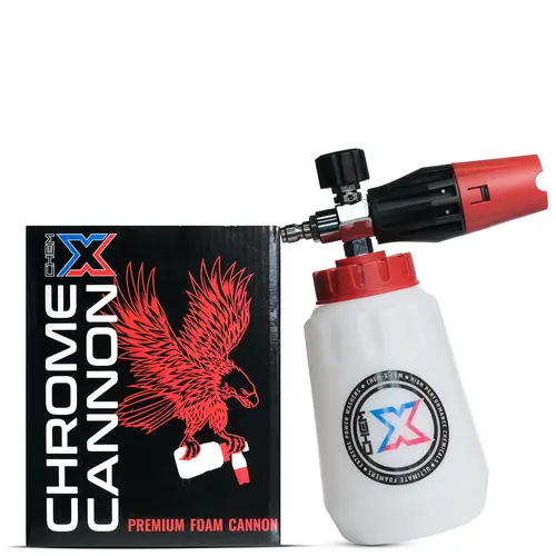 Chem-X Chrome Cannon 2.0 Auto Detailing Foam Cannon - Red Car Wash Accessory, HDPE Bottle, Angle-Draw Tube Water Gun for Cars/Motorcycles Washing & Maintenance