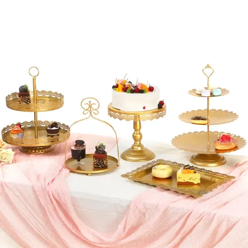 ZUMELER Gold Metal Cake Decorating Kit - Complete Hollow Shiny Dessert Table Set with Chiffon Runner, White Tablecloth, Cupcake Stand for Wedding, Birthday Parties (Pastry Decorative Kit)