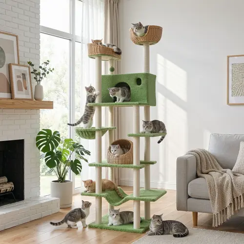 SHA CERLIN 82in (6.8ft) Spring Green Multi-Level Cat Tree, Cat Mansion, Cat Tree House, Cat Tower with Sisal Scratching Posts, Teddy Plush Condo, Rattan Perches, Cat Activity Center for Indoor Cats, SohoChic