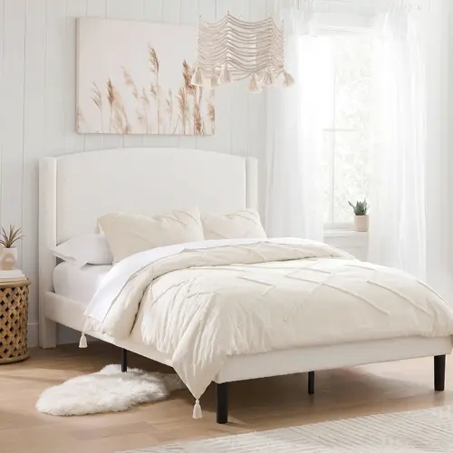 SHA CERLIN Queen Bed Frame - Curved Headboard Design, Sherpa-Soft Grey Teddy Fleece, Neutral On-Trend Hues, Rounded Edges, Durable Solid Wood Frame, Reinforced Legs, No Box Spring Required, Fits Any Mattress, Bedroom Indoor Furniture