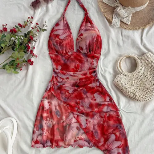 Summer Sexy Romantic Holiday Dress, Women's Vintage-Inspired Halter V-Neck Sleeveless Floral Mini Dress with Asymmetrical Hem, Floral Backless Dress, Floral Prints Dress
