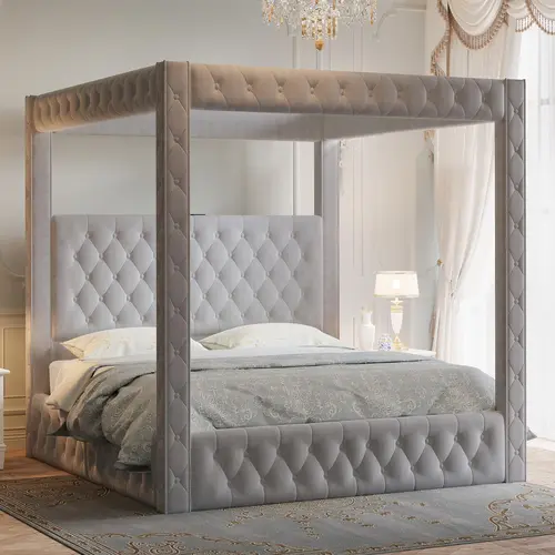 [Summerwins]【King Size Shipped in 2 Boxes】AMERLIFE Canopy Bed Frame with 74.8" Tall Four-Post Design and 51.2" Deep-Tufted Velvet Upholstered Headboard with Charging Station/Modern Light-Luxury Style/No Box Spring Needed