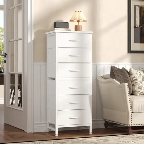 Sweetcrispy Minimalist Drawer Tower - 6 Fabric Drawers, Metal Frame with Cross Support Rods, Anti-Tip Safe, Display Wood Top, Pre-Drilled Holes Speed Setup, Vertical Storage Saves Floor, Compact Indoor Storage Cabinet for Small Bedrooms