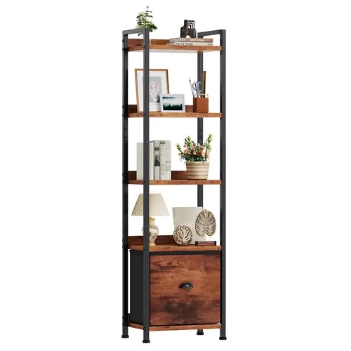 Sweetcrispy Sturdy Contemporary Wood-Metal Bookshelf with Drawers - Slim Rustic Design, Soft-Close Fabric Drawers, Adjustable Feet, Tall Narrow Storage Organization, Apartment Furniture for Small Spaces, Shelves for Bedroom, Nursery Decor