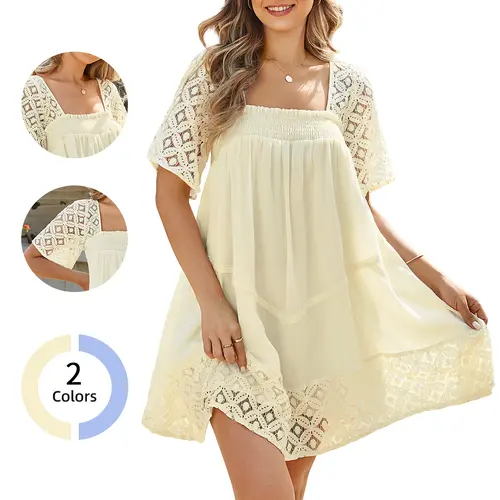 Chicovar Women's Boho Summer Babydoll Dress Square Neck Short Sleeve Hollow Out Lace Ruffle Beach Vacation Mini Dress Flowy A-Line Casual Sundress with Lining Not See Through, Summervibes