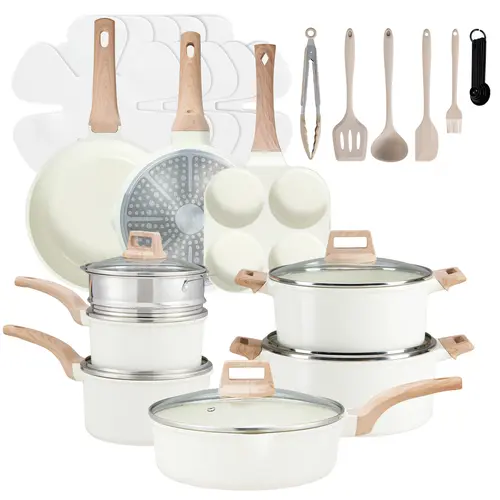 Sweetcrispy 25-Piece Aluminium Lightweight Non-Stick Ceramic Granite Cookware Set, Stay-Cool Handles, Induction Compatible, Glass Lids Cut Splatters, for Healthy Daily Use & Cooking Made Easy