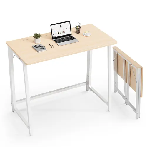 Sweetcrispy 31.5in Foldable Computer Desk - Compact Modern Office Writing Workstation, Steel Frame, P2 Particle Material, Easy Setup, Oak Finish, Small Home Office Apartment Furniture