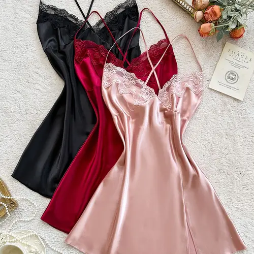 Women's Embroidered Lace Sexy Sleepwear Set, Adjustable Thin Straps Nightgown with Lace Lingerie, Comfortable All Seasons Lace Trim Nightdress