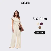 Cider 2-Piece Set Asymmetrical Neck Ruched Top & Mid Rise Wide Leg Draped Trousers Set