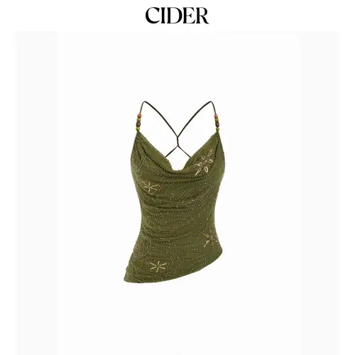 Cider Mesh Cowl Neck Floral Beading Sequin Cami Top