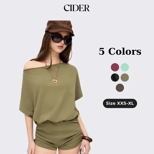 Cider Asymmetrical Neck Drawstring Ruched Tie Back Romper