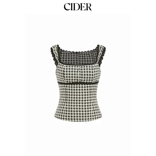 Cider Gingham Square Neck Contrasting Lace Blouse