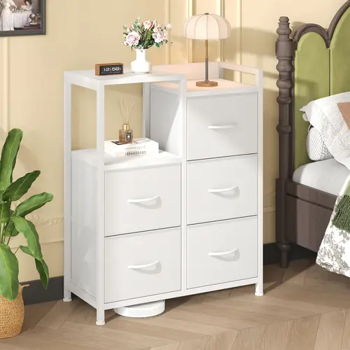 Sweetcrispy White Wood Furniture Dresser with 5 Deep Drawers, 2-Tier Shelf, Drawers Chest, Floor-Safe Pads, Storage Organizer for Bedroom, Hallway