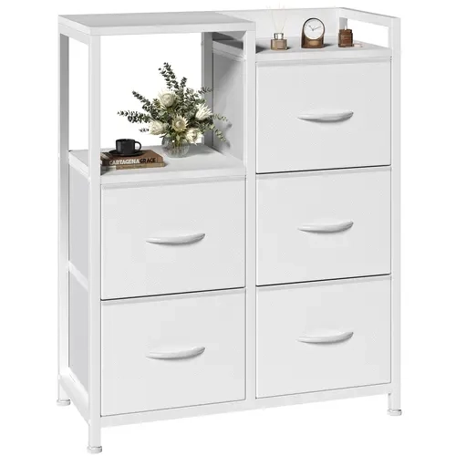 Sweetcrispy Modern Storage Cabinet Chest - 5-Drawer Fabric Unit with 2-Tier Shelf, Metal-Wood Build, Multiple Storage Drawers, Durable Floor-Safe Pads, Bedroom Room Decor Indoor Furniture
