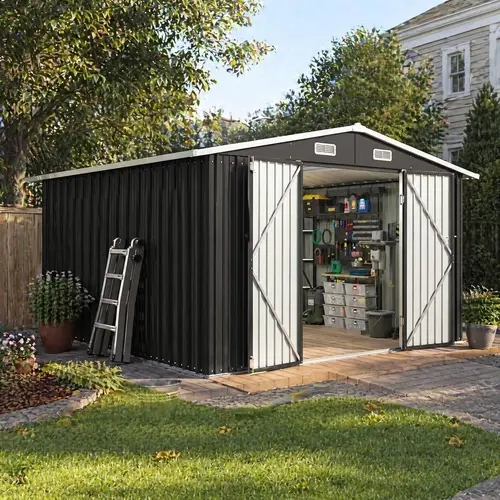 Aoxun Lockable Weatherproof Metal Garden Shed (10x8/6x4/10x12/6x8FT) - Storage Shelter Shed with Double Hinged Doors, Sloped Roof, Patio/Backyard Fit Outdoor Storage Enclosure, Weatherproof Metal Shed, Shed Outdoor Storage