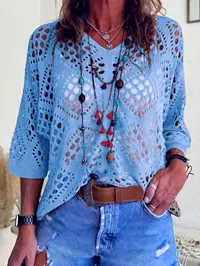 Women's V Neck Batwing Sleeve Crochet Knitting Sweater, Lightweight Hollow Out Design, Perfect for Summer Vacation, Casual Loose-Fit Knit Top, Knitwear