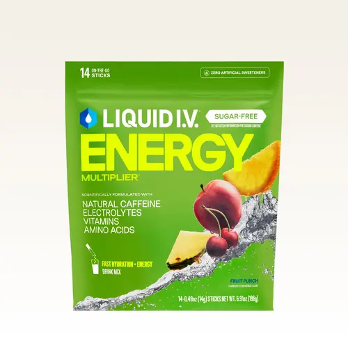 Liquid I.V. Sugar-Free Energy Multiplier - Fruit Punch - Hydration Powder Packets | Electrolyte Powder Drink Mix | Convenient Single-Serving Sticks | Includes Natural Caffeine | 1 Pack (14 Servings)​