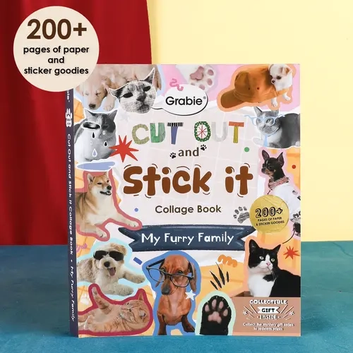 Grabie Furry Family Collage Activity Book - 200+ Pages, 120gsm Smooth Write Double-Sided Paper, Bleed-Resistant Vellum Paper, Die-Cut Cut Out Stickers, for Scrapbooking, Journaling, Remember Moments, Back to School Office Stationery Gift