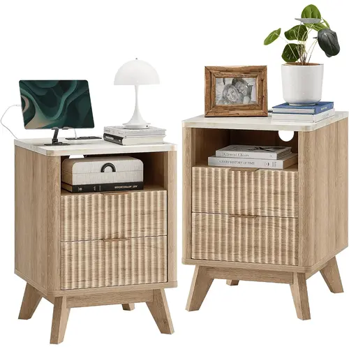 Sweetcrispy Modern Rustic Night Stand - 23in, 18-inch Bedfit Size, Assembled LED Lights, White Oak Tabletop, Particleboard Build, Storage Compartment, Quick Set-Up, Compact Small Space Bedroom Furniture, Apartment Furniture, Home Decor, Assembly Required