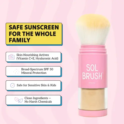 Sol Brush SPF 50 Broad Spectrum Mineral Sunscreen Powder, Brush-On, Water Resistant 80 Min, Baby & Kid Safe, Acne Safe, Travel Friendly